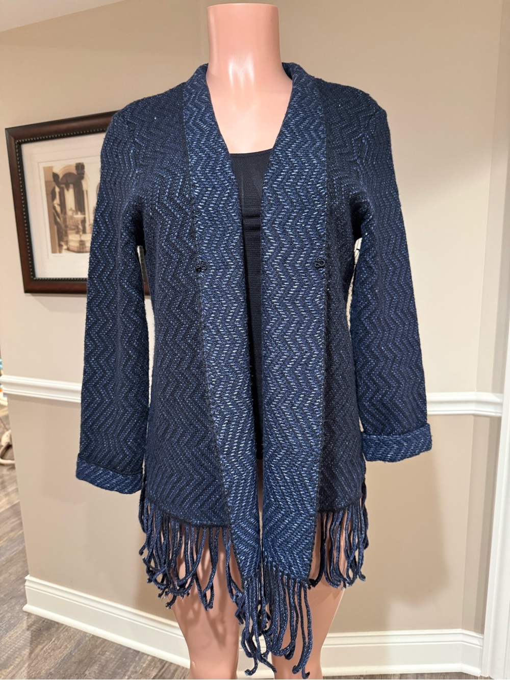 NIC+ZOE Navy Blue Fringe Open Cardigan Sweater
